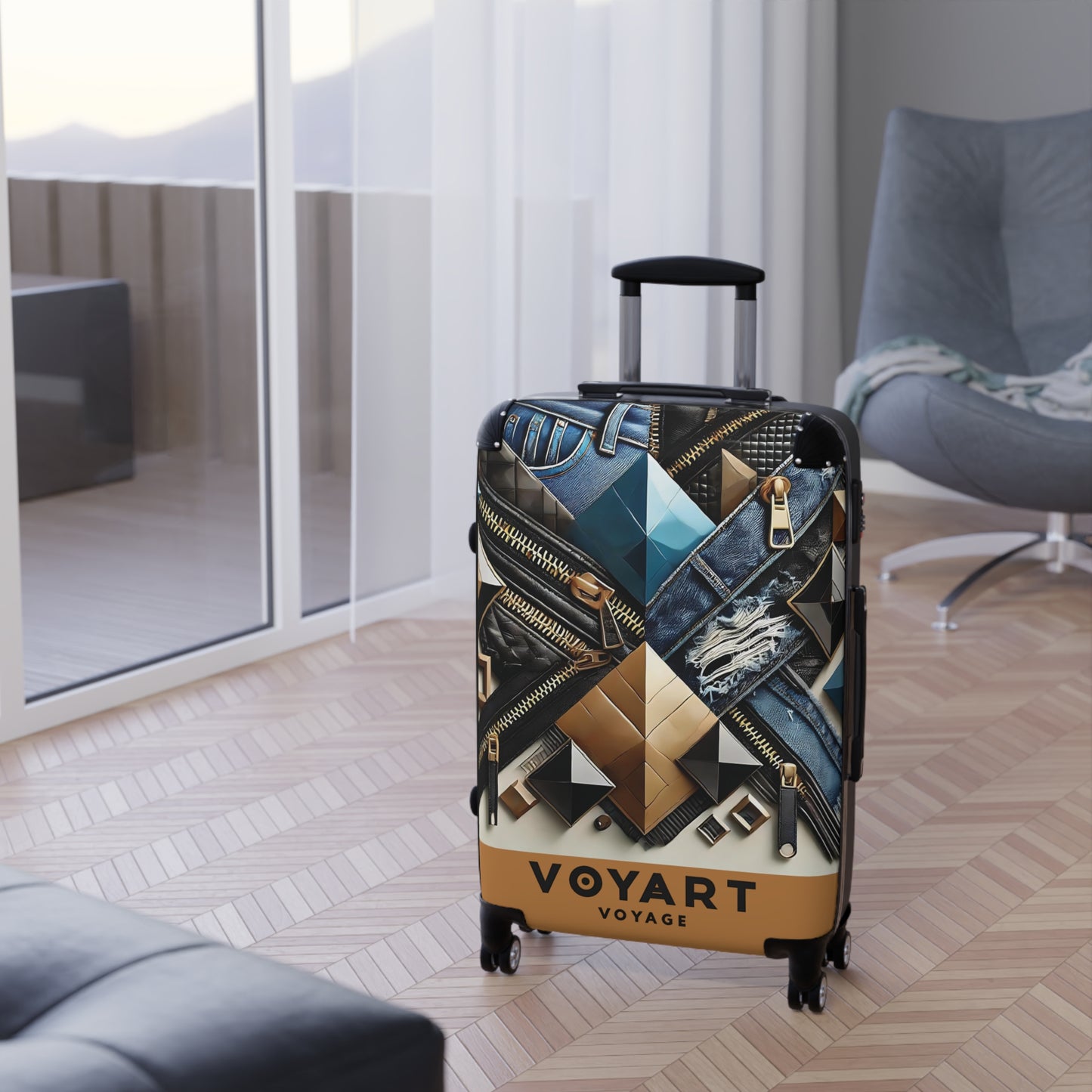 VV Rolling Suitcase w/360° Swivel Wheels: Denim & Leather