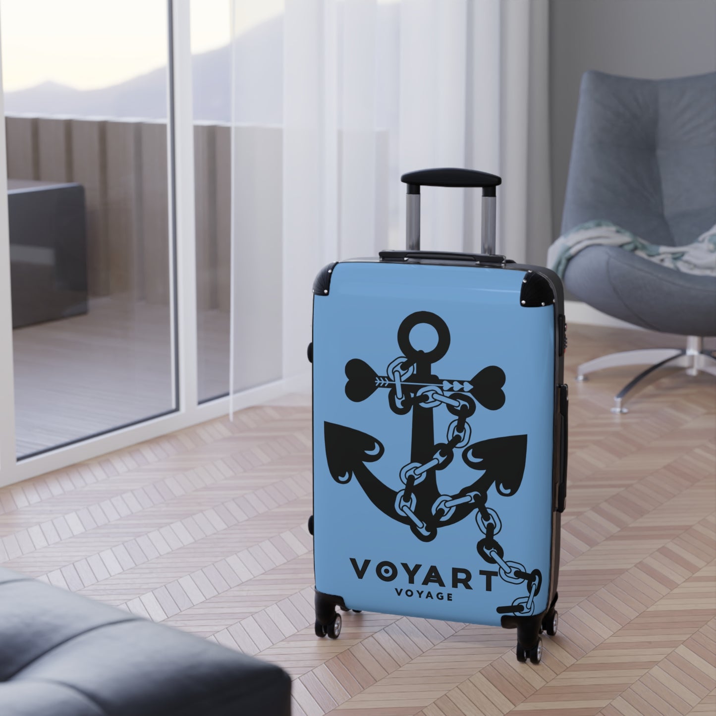 VV Rolling Suitcase w/360° Swivel Wheels: LIGHT BLUE Love Anchor