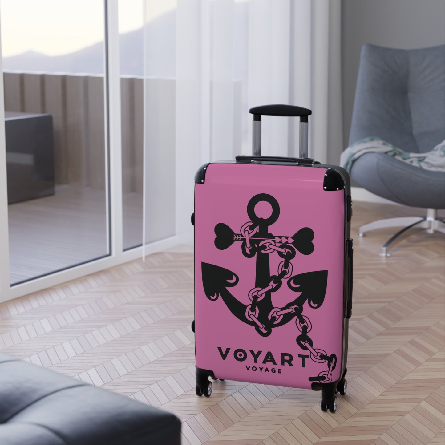 VV Rolling Suitcase w/360° Swivel Wheels: LIGHT PINK Love Anchor