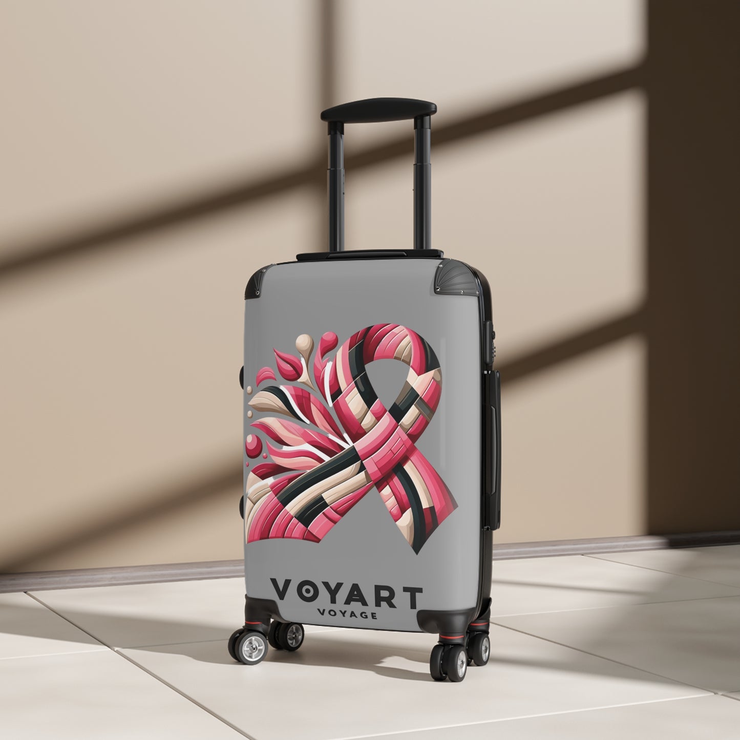 VV Rolling Suitcase w/360° Swivel Wheels: Pink Ribbon - GRAY