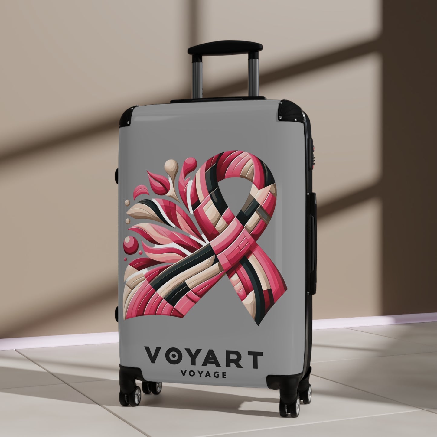 VV Rolling Suitcase w/360° Swivel Wheels: Pink Ribbon - GRAY