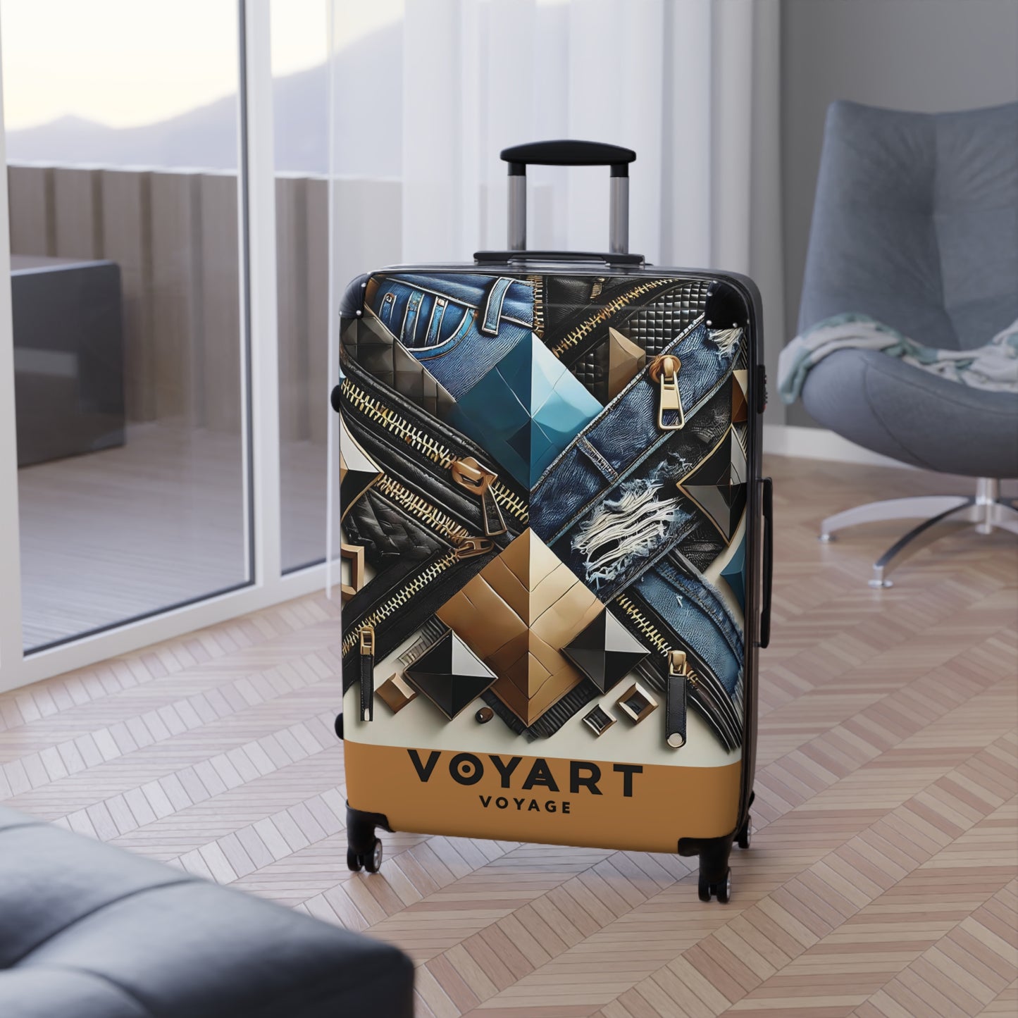 VV Rolling Suitcase w/360° Swivel Wheels: Denim & Leather