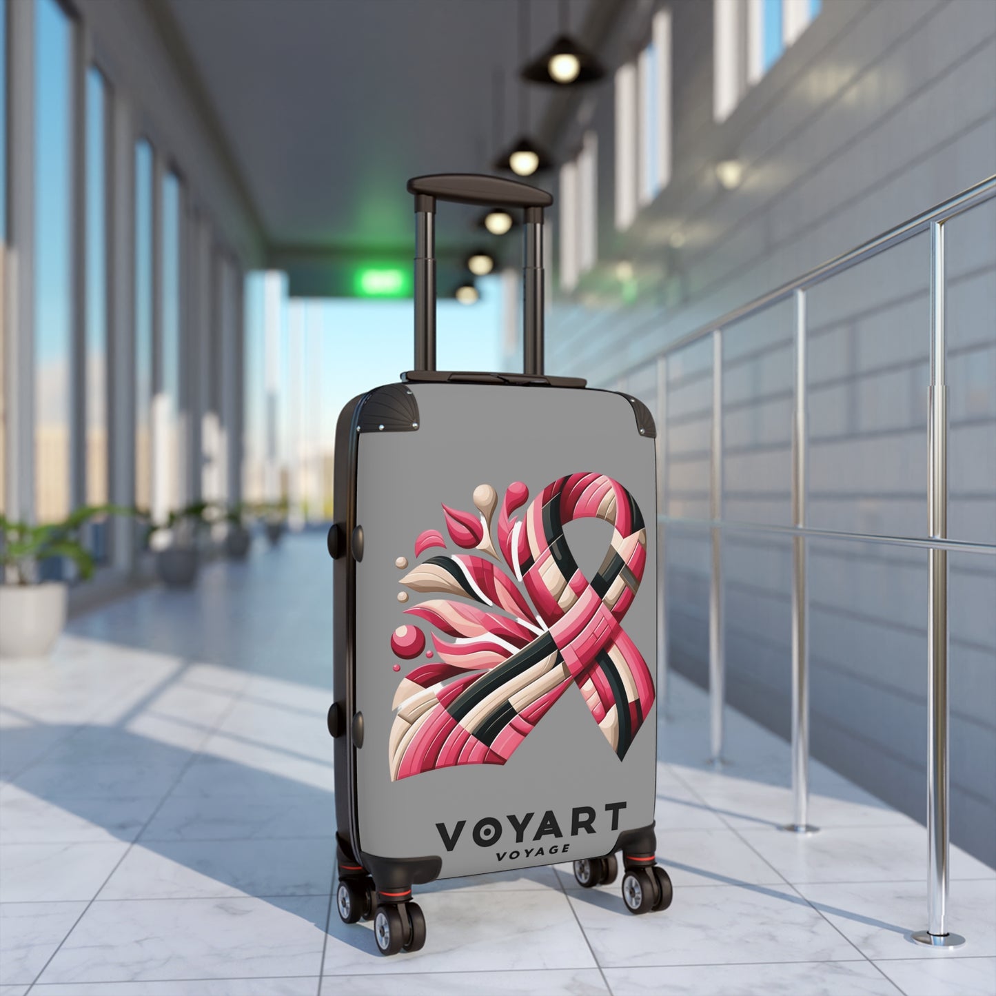 VV Rolling Suitcase w/360° Swivel Wheels: Pink Ribbon - GRAY