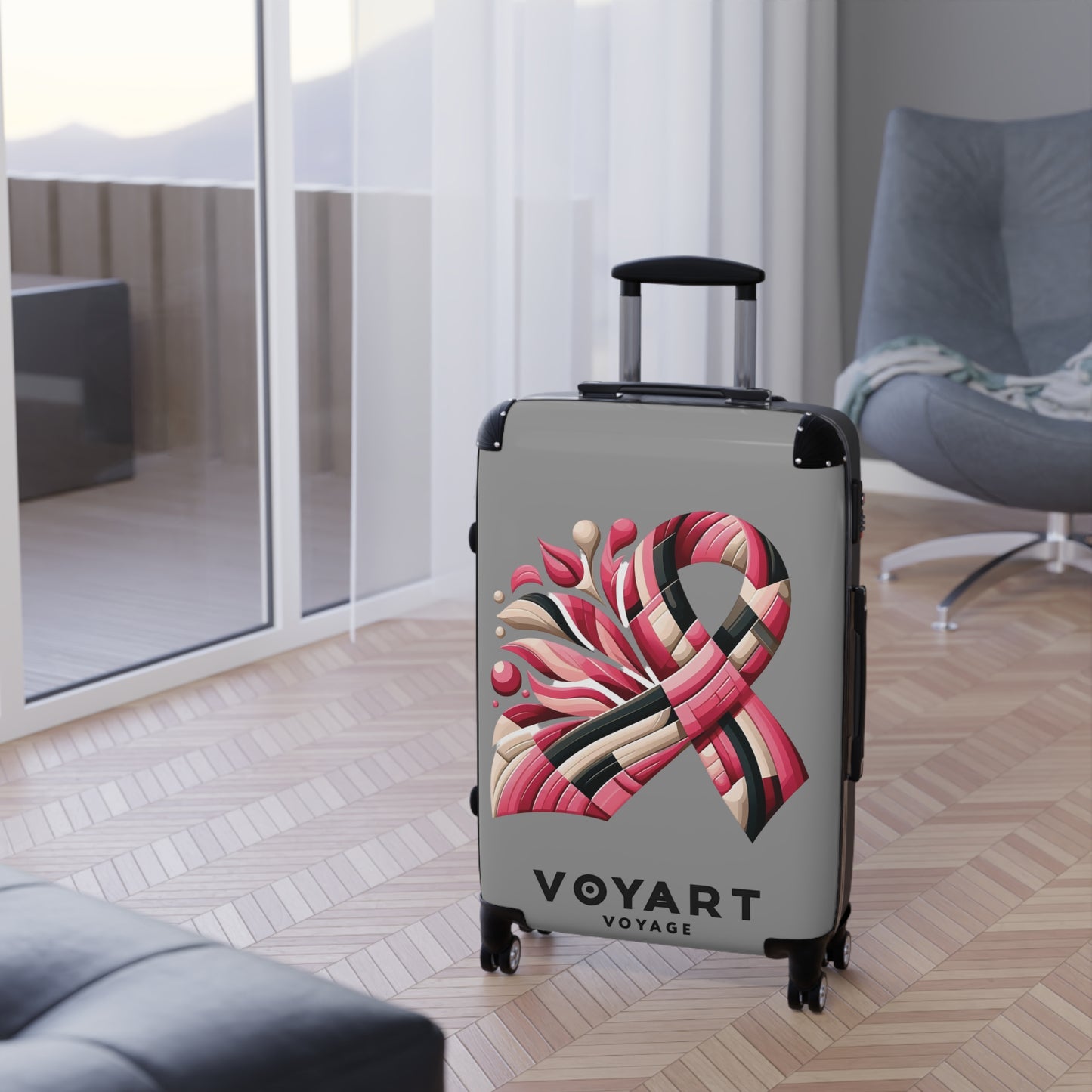 VV Rolling Suitcase w/360° Swivel Wheels: Pink Ribbon - GRAY