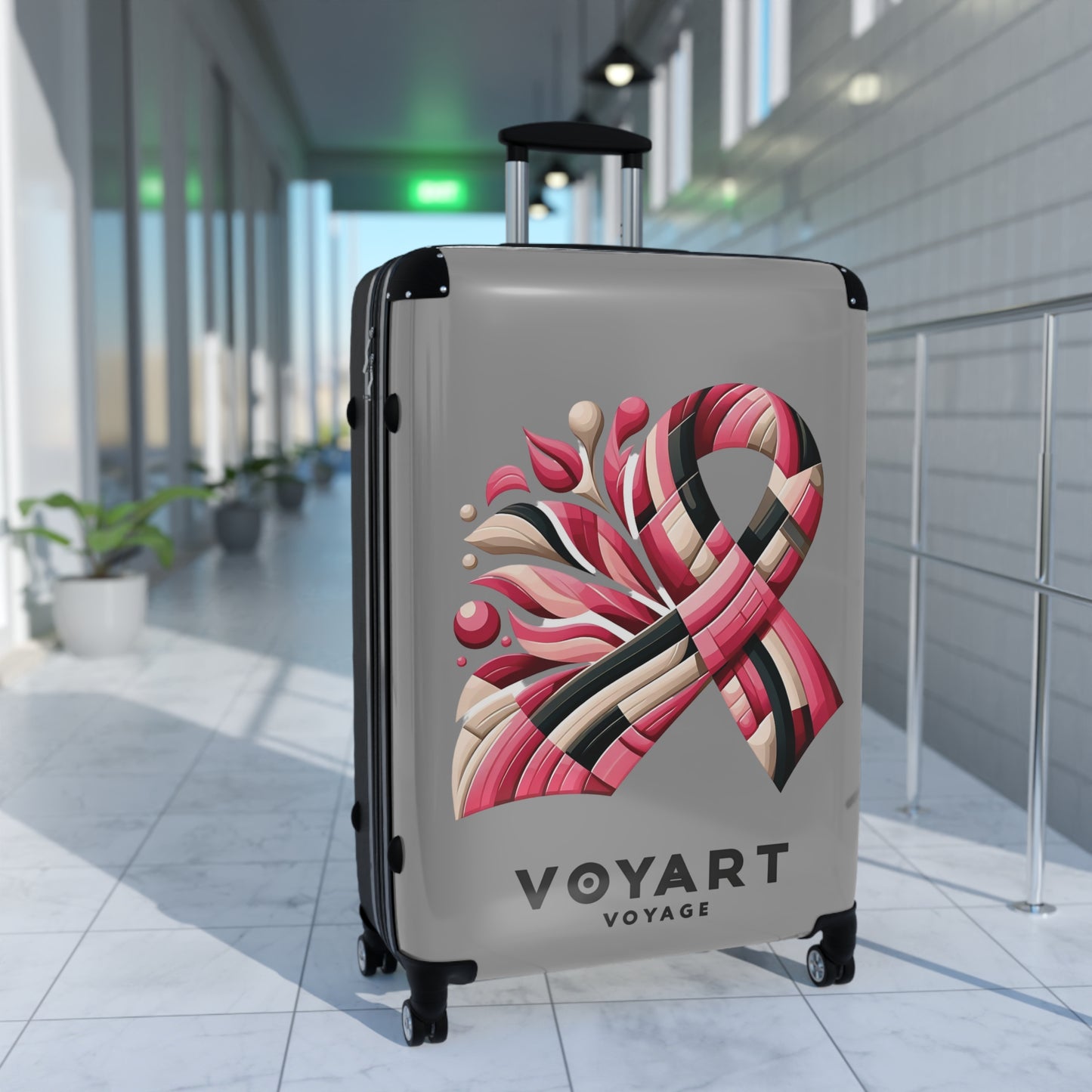 VV Rolling Suitcase w/360° Swivel Wheels: Pink Ribbon - GRAY