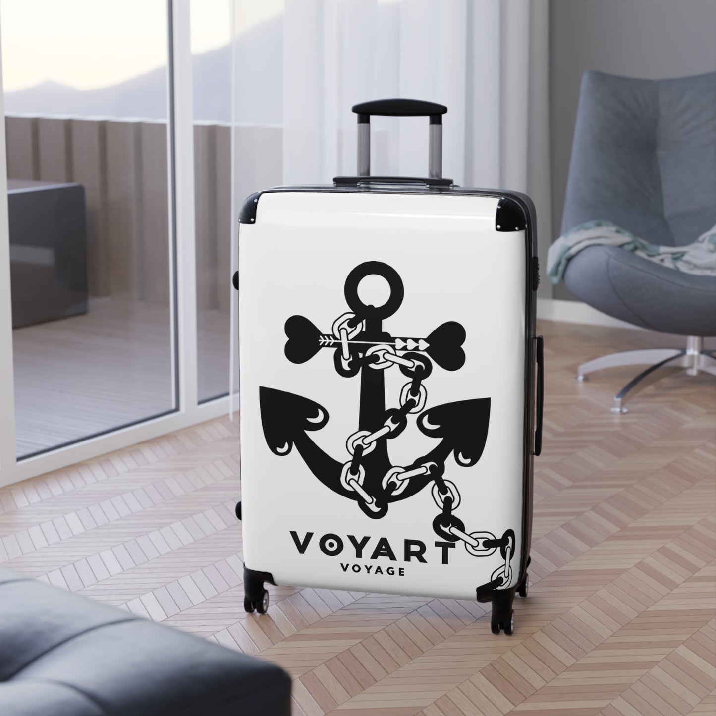 VV Rolling Suitcase w/360° Swivel Wheels: WHITE Love Anchor