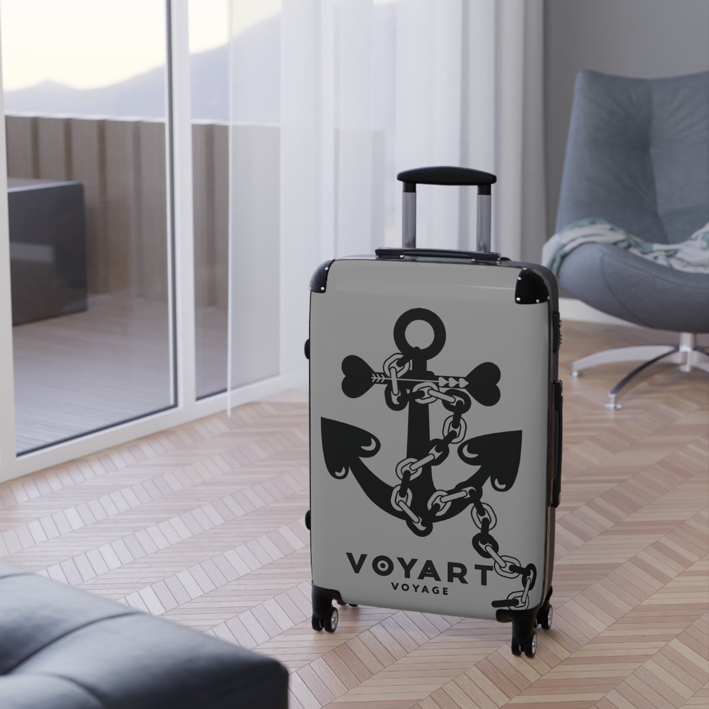 VV Rolling Suitcase w/360° Swivel Wheels: GREY Love Anchor