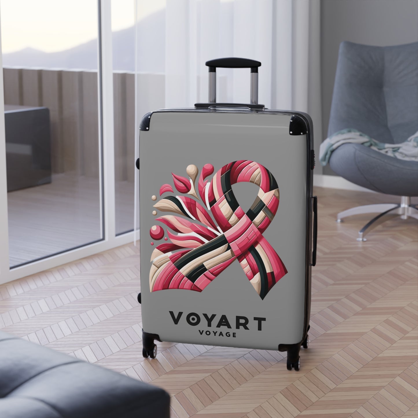 VV Rolling Suitcase w/360° Swivel Wheels: Pink Ribbon - GRAY