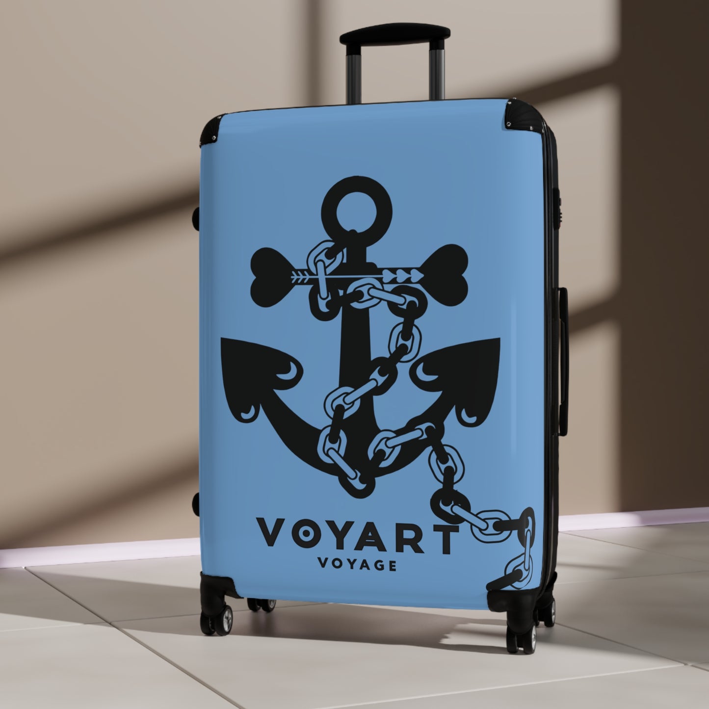 VV Rolling Suitcase w/360° Swivel Wheels: LIGHT BLUE Love Anchor