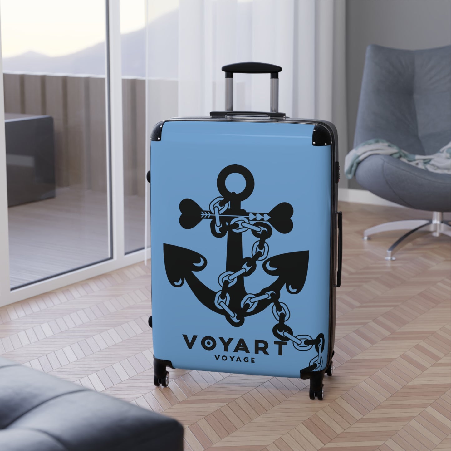 VV Rolling Suitcase w/360° Swivel Wheels: LIGHT BLUE Love Anchor