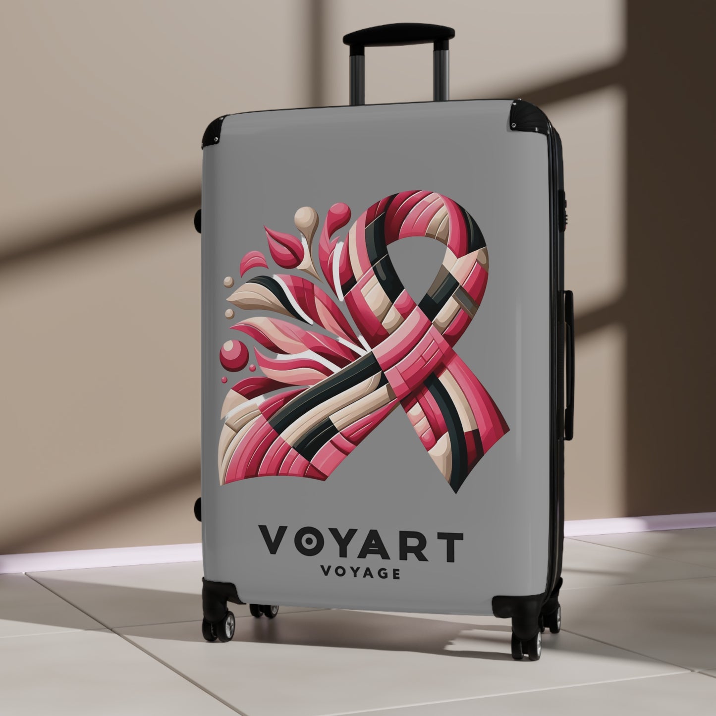 VV Rolling Suitcase w/360° Swivel Wheels: Pink Ribbon - GRAY