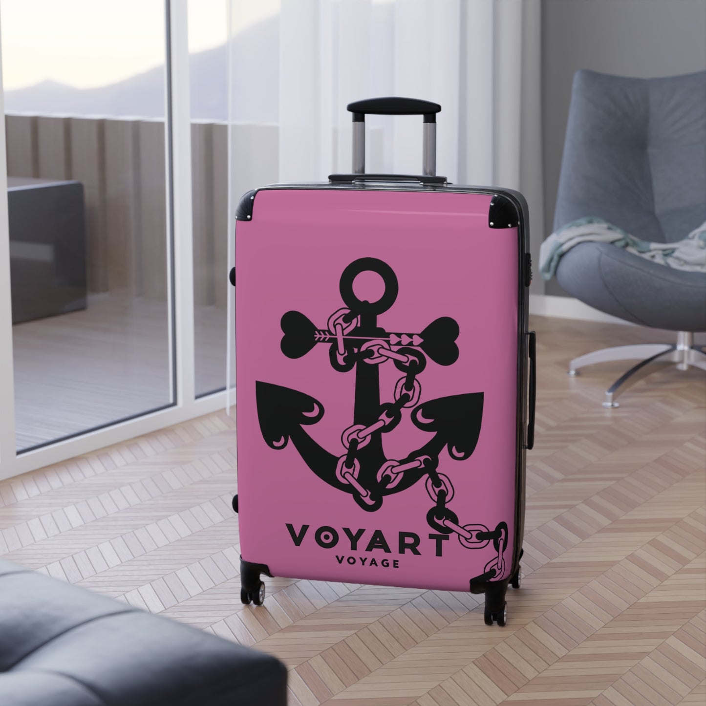 VV Rolling Suitcase w/360° Swivel Wheels: LIGHT PINK Love Anchor