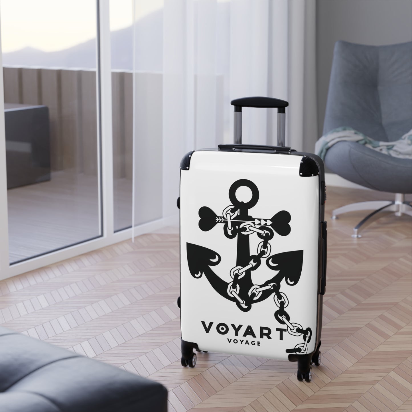 VV Rolling Suitcase w/360° Swivel Wheels: WHITE Love Anchor